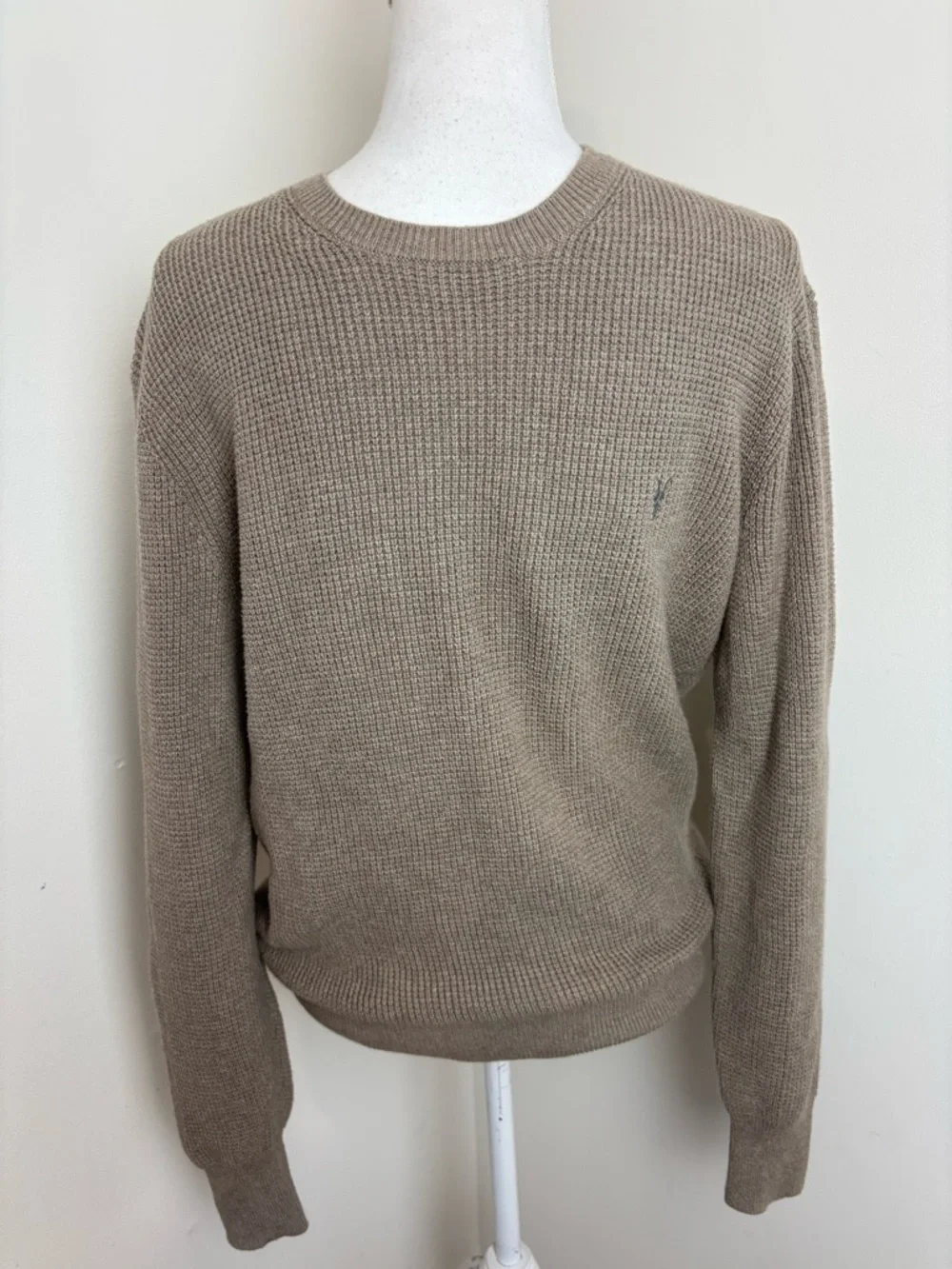 AllSaints Aspen Waffle Texture Crew Neck Ramskull Tan Sweater Size Small